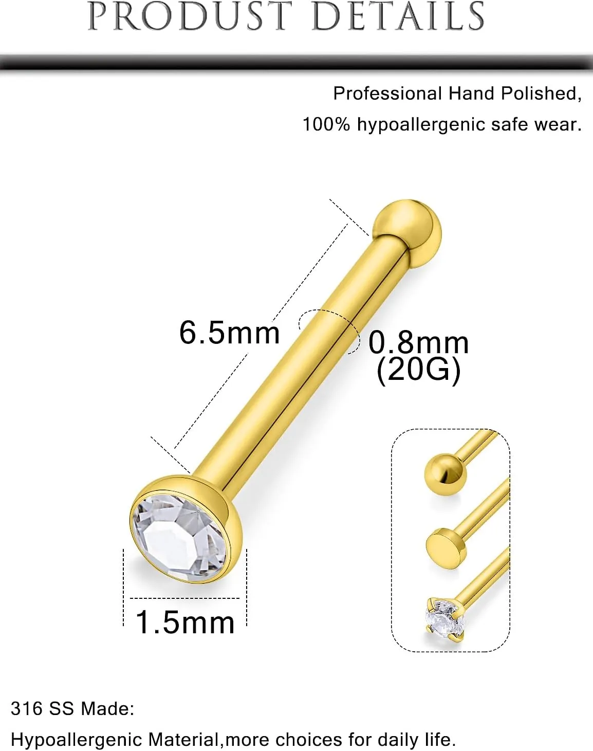 Hoeudjo Nose Studs Surgical Steel Cubic Zirconia Nose Rings Piercing Kit for Women Men Screw & Bone & L Shaped Nostril Rings Jewelry 20 Gauge 16 Pieces