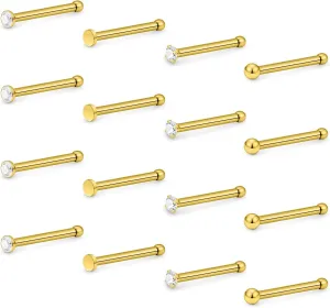 Hoeudjo Nose Studs Surgical Steel Cubic Zirconia Nose Rings Piercing Kit for Women Men Screw & Bone & L Shaped Nostril Rings Jewelry 20 Gauge 16 Pieces