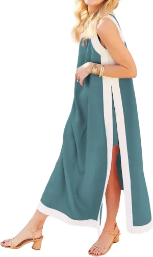 Hooever Women's 2 Piece Sets Boho Color Block Sleeveless Maxi Dress Matching Shorts with Pockets
