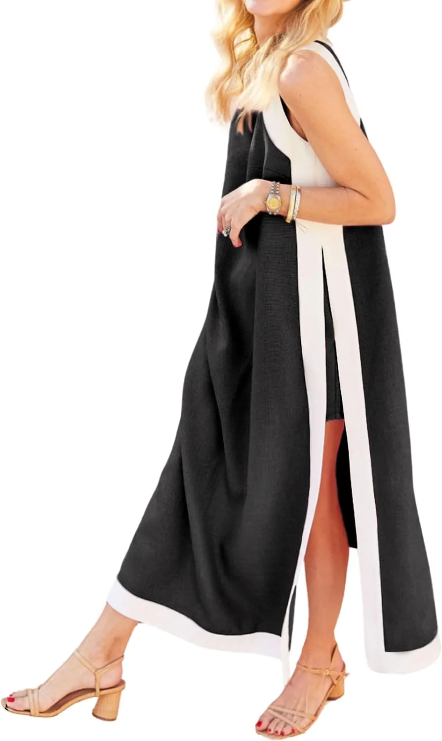 Hooever Women's 2 Piece Sets Boho Color Block Sleeveless Maxi Dress Matching Shorts with Pockets