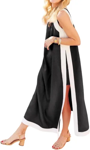 Hooever Women's 2 Piece Sets Boho Color Block Sleeveless Maxi Dress Matching Shorts with Pockets