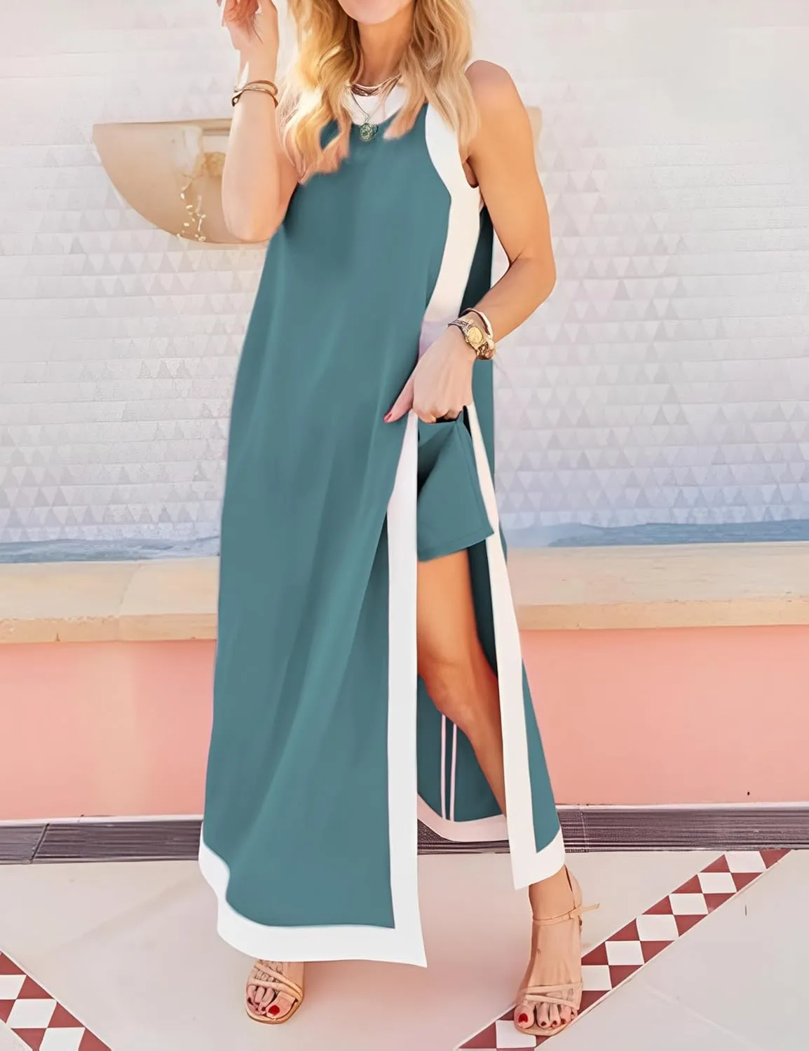 Hooever Women's 2 Piece Sets Boho Color Block Sleeveless Maxi Dress Matching Shorts with Pockets
