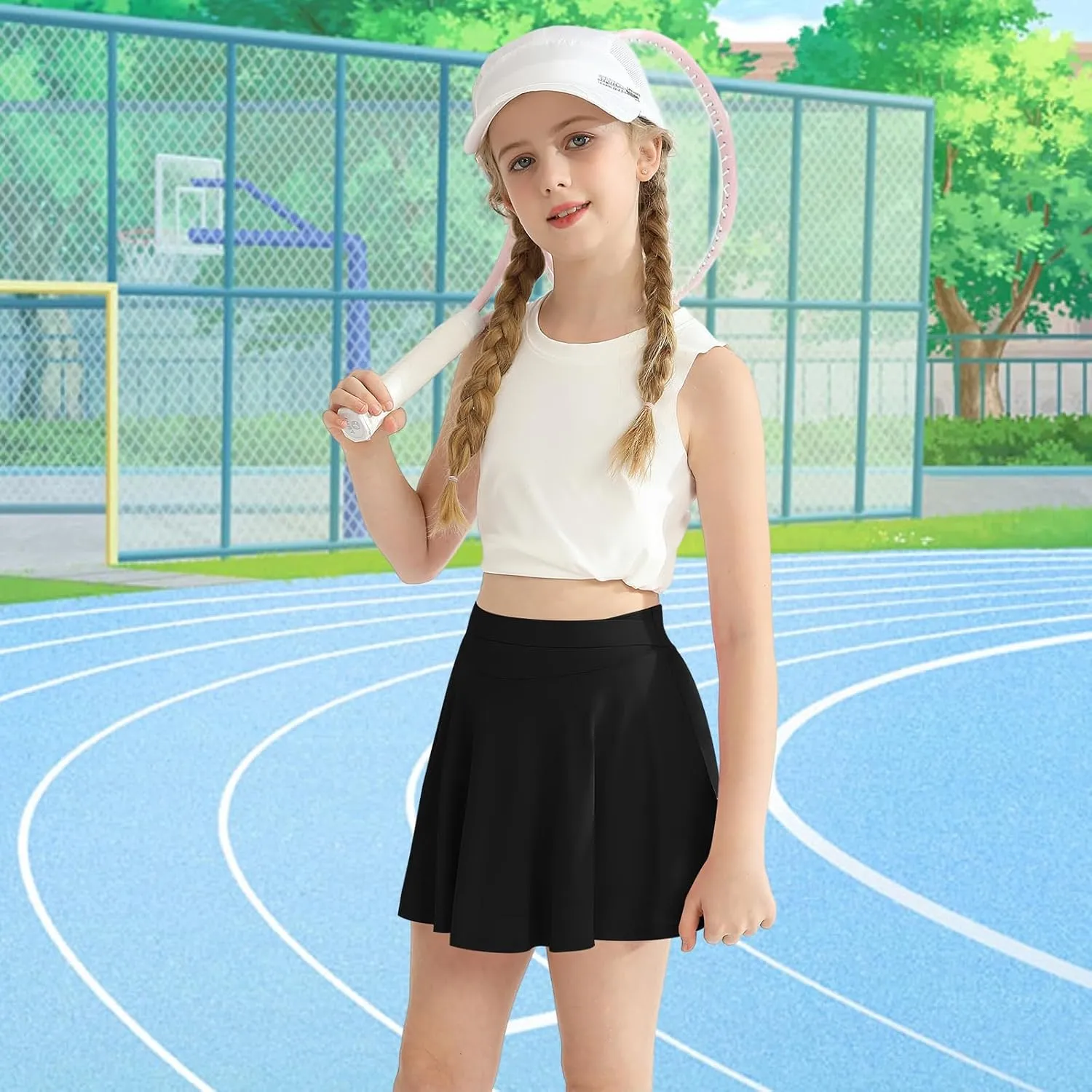 Hotfiary Girls Skorts Tennis Skirts Pleated Athletic Flowy Shorts Pocket Cooling High Waist Golf Cheer Running Sports Skort