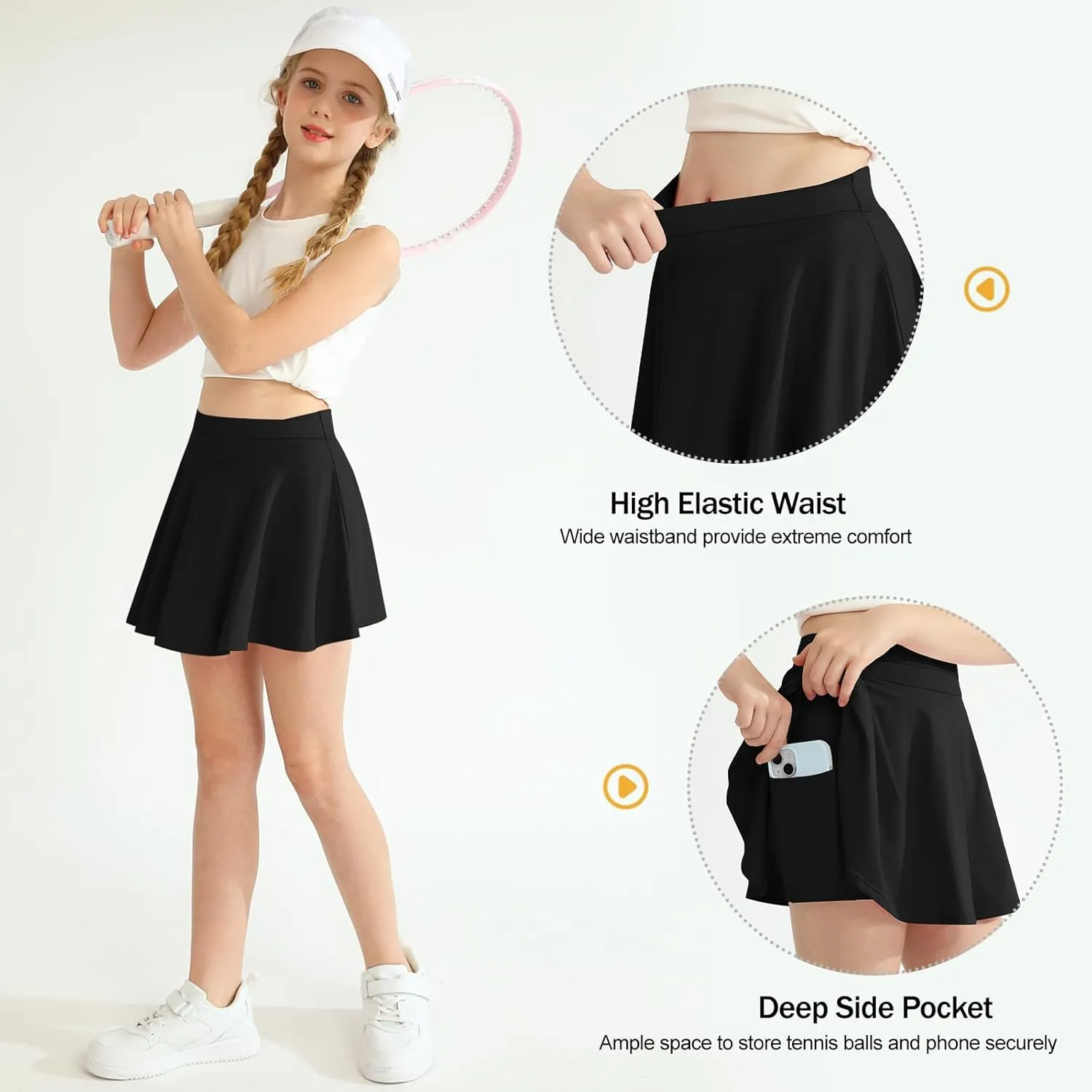 Hotfiary Girls Skorts Tennis Skirts Pleated Athletic Flowy Shorts Pocket Cooling High Waist Golf Cheer Running Sports Skort