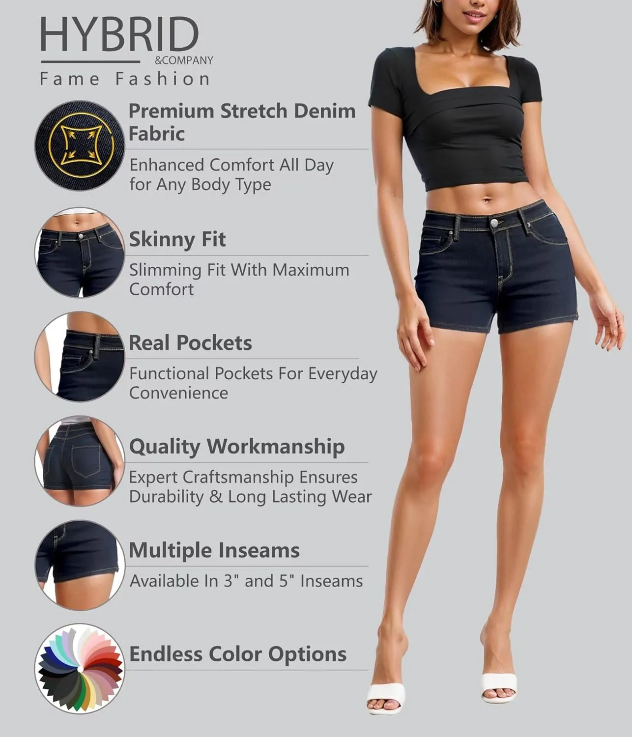 Hybrid & Company Womens Mid Rise Denim Stretchy Jean Shorts with Pockets