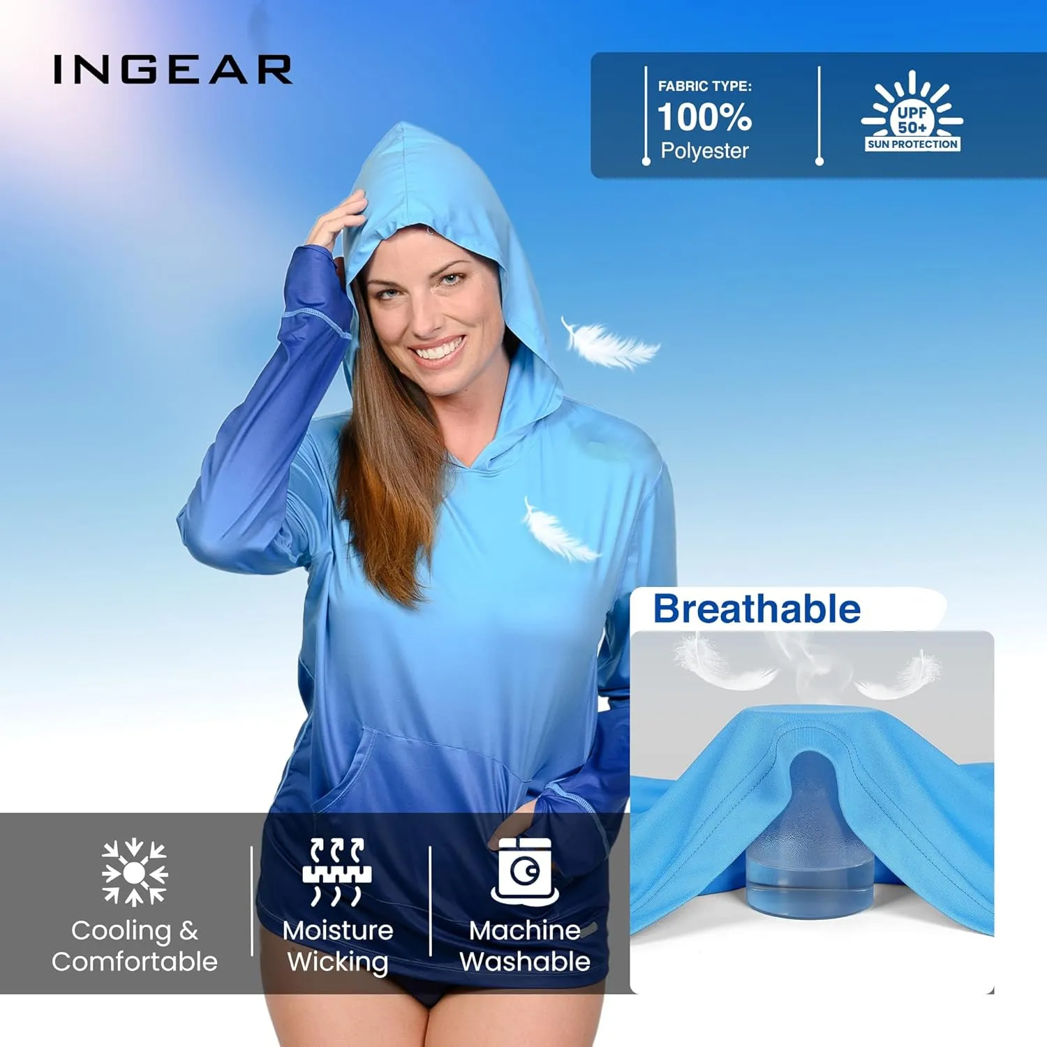 INGEAR Womens Long Sleeve Hoodie Workout Tops, Dry Fit Hiking Shirts, Rushguard Long Sleeve Swim Suit for Women Size S-XXL