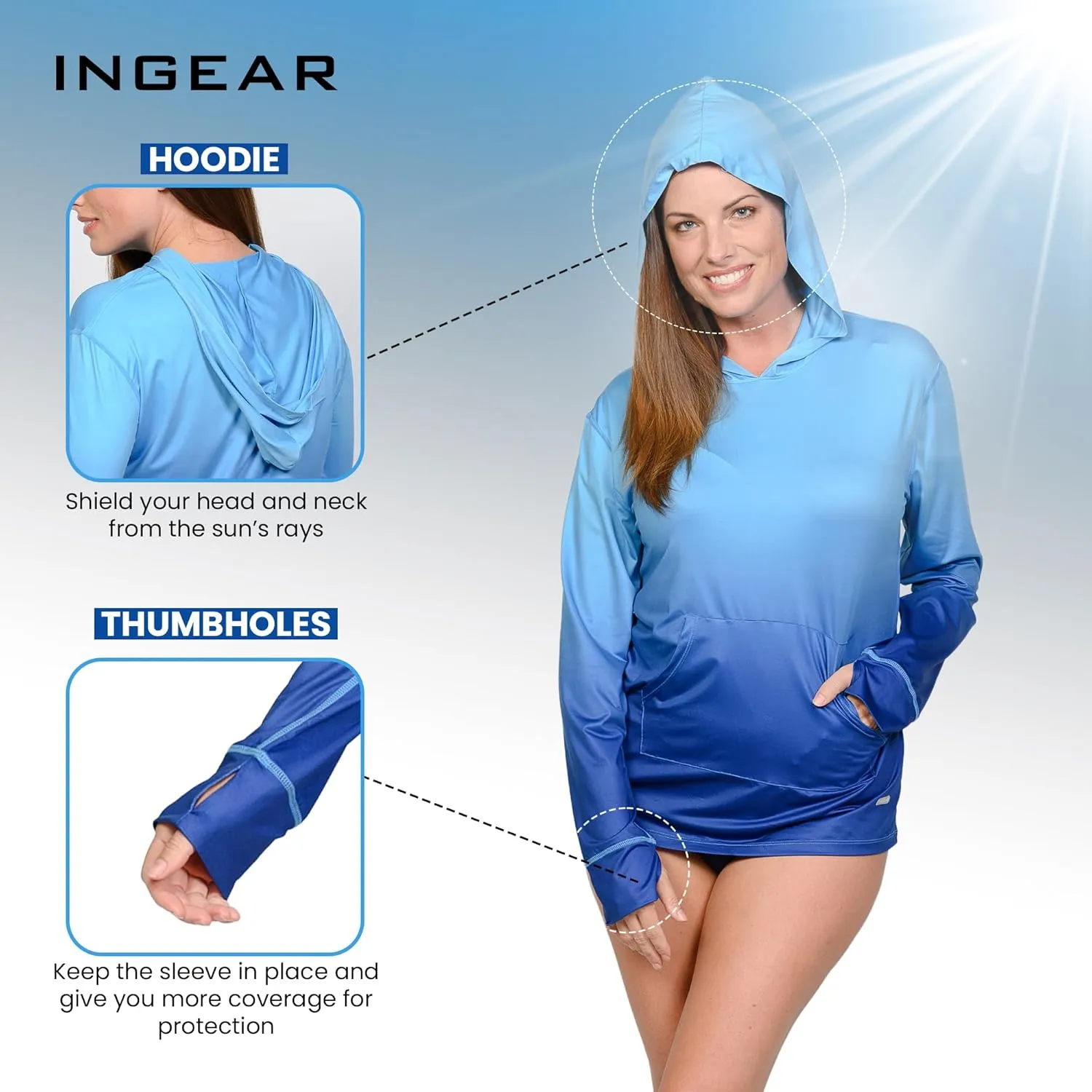 INGEAR Womens Long Sleeve Hoodie Workout Tops, Dry Fit Hiking Shirts, Rushguard Long Sleeve Swim Suit for Women Size S-XXL