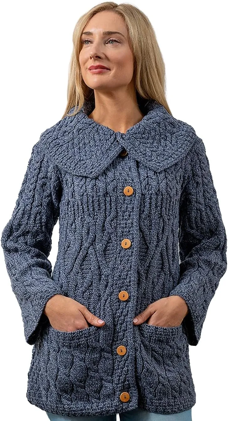 Irish Long Cardigan for Women 100% Merino Wool Knit 3 Pattern Made in Ireland