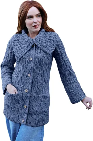 Irish Long Cardigan for Women 100% Merino Wool Knit 3 Pattern Made in Ireland