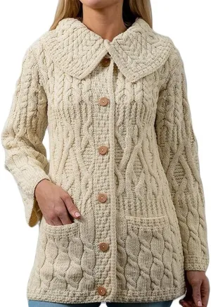 Irish Long Cardigan for Women 100% Merino Wool Knit 3 Pattern Made in Ireland