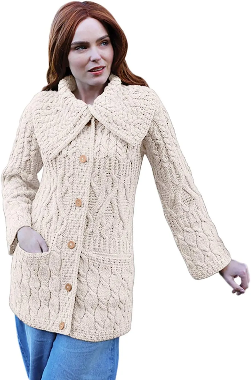 Irish Long Cardigan for Women 100% Merino Wool Knit 3 Pattern Made in Ireland