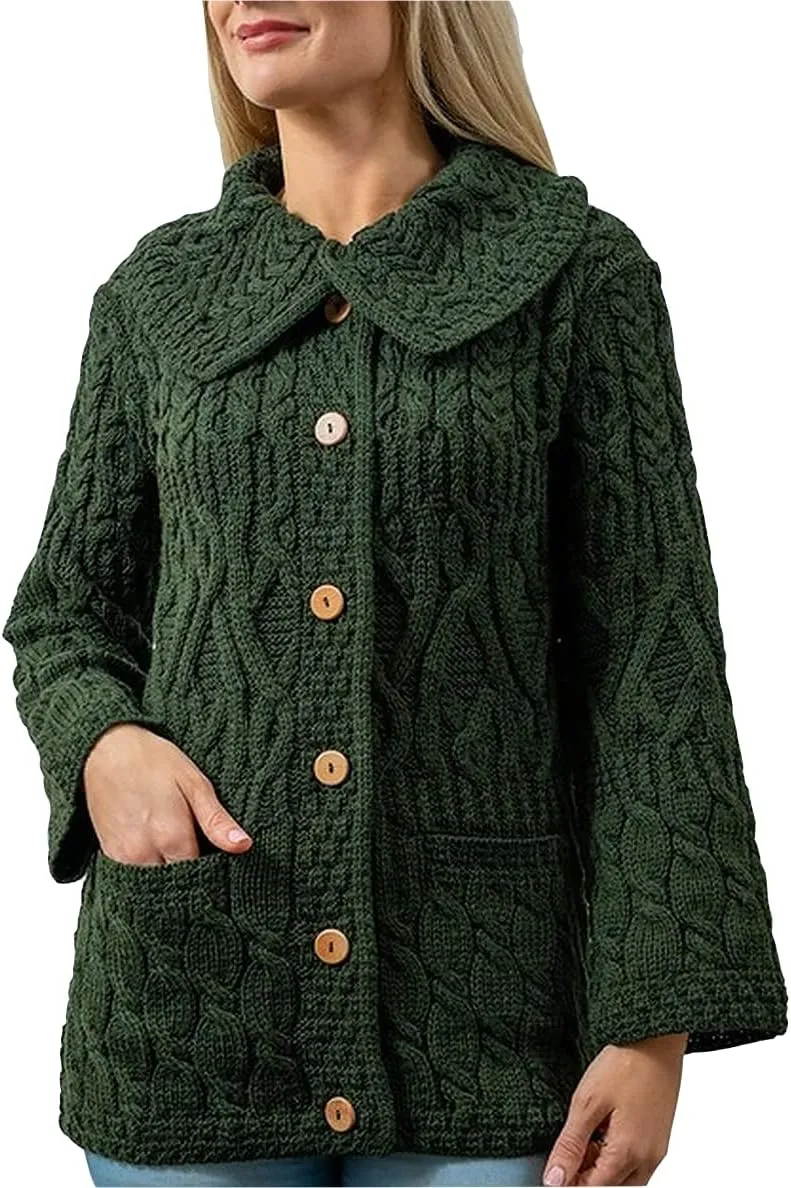 Irish Long Cardigan for Women 100% Merino Wool Knit 3 Pattern Made in Ireland