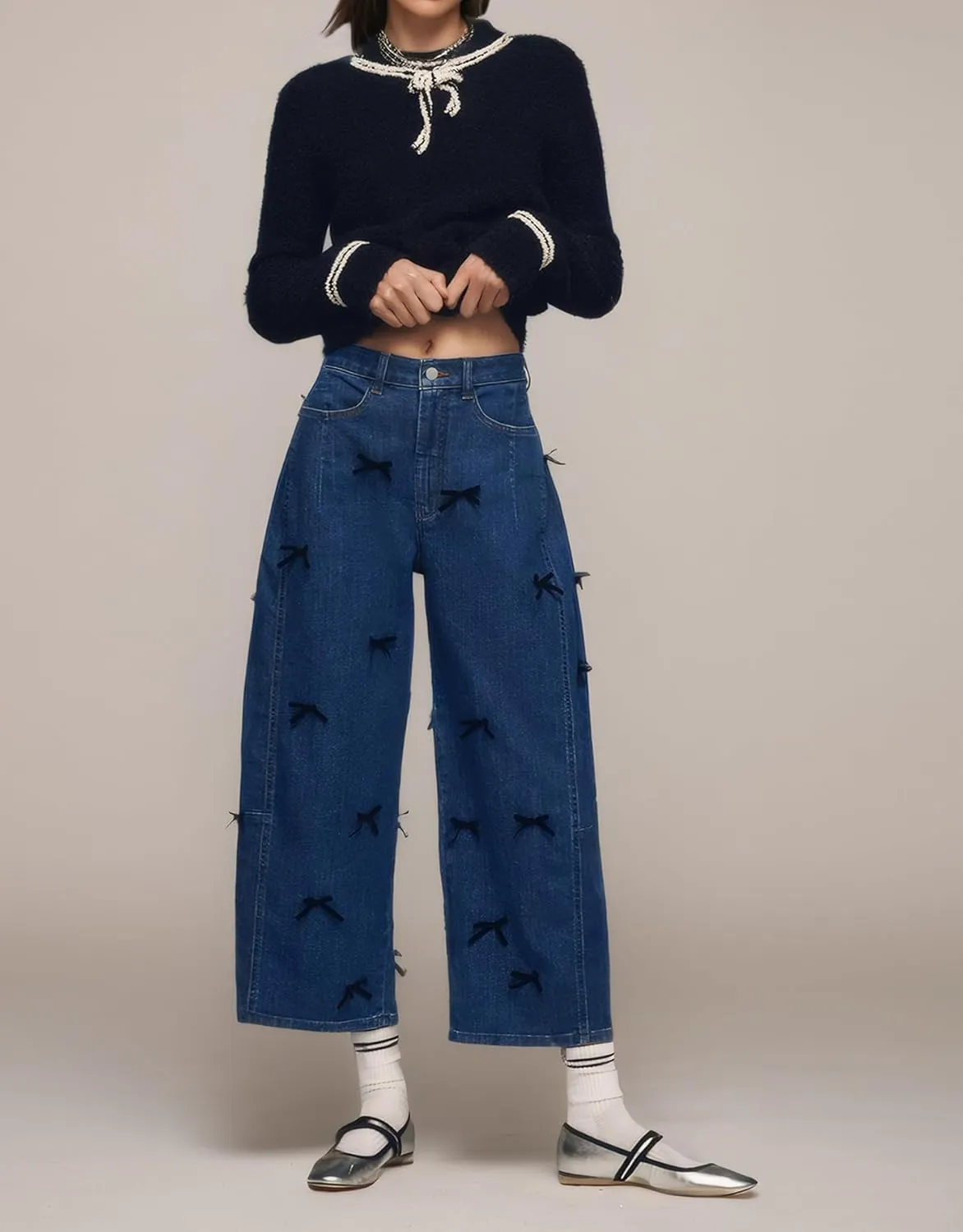 Kedera Mid Rise Barrel Jeans for Women Y2K Wide Leg Denim Pants Baggy Boyfriend Jeans with Bows