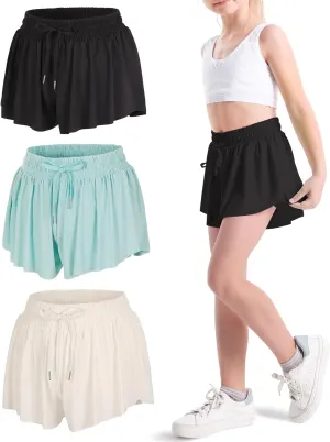 KEREDA Girls Flowy Shorts,Butterfly Shorts for Teen Girls with Spandex Liner 2-in-1 for Running,Gym,Athletic,Workout1/2/3Pack