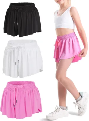 KEREDA Girls Flowy Shorts,Butterfly Shorts for Teen Girls with Spandex Liner 2-in-1 for Running,Gym,Athletic,Workout1/2/3Pack