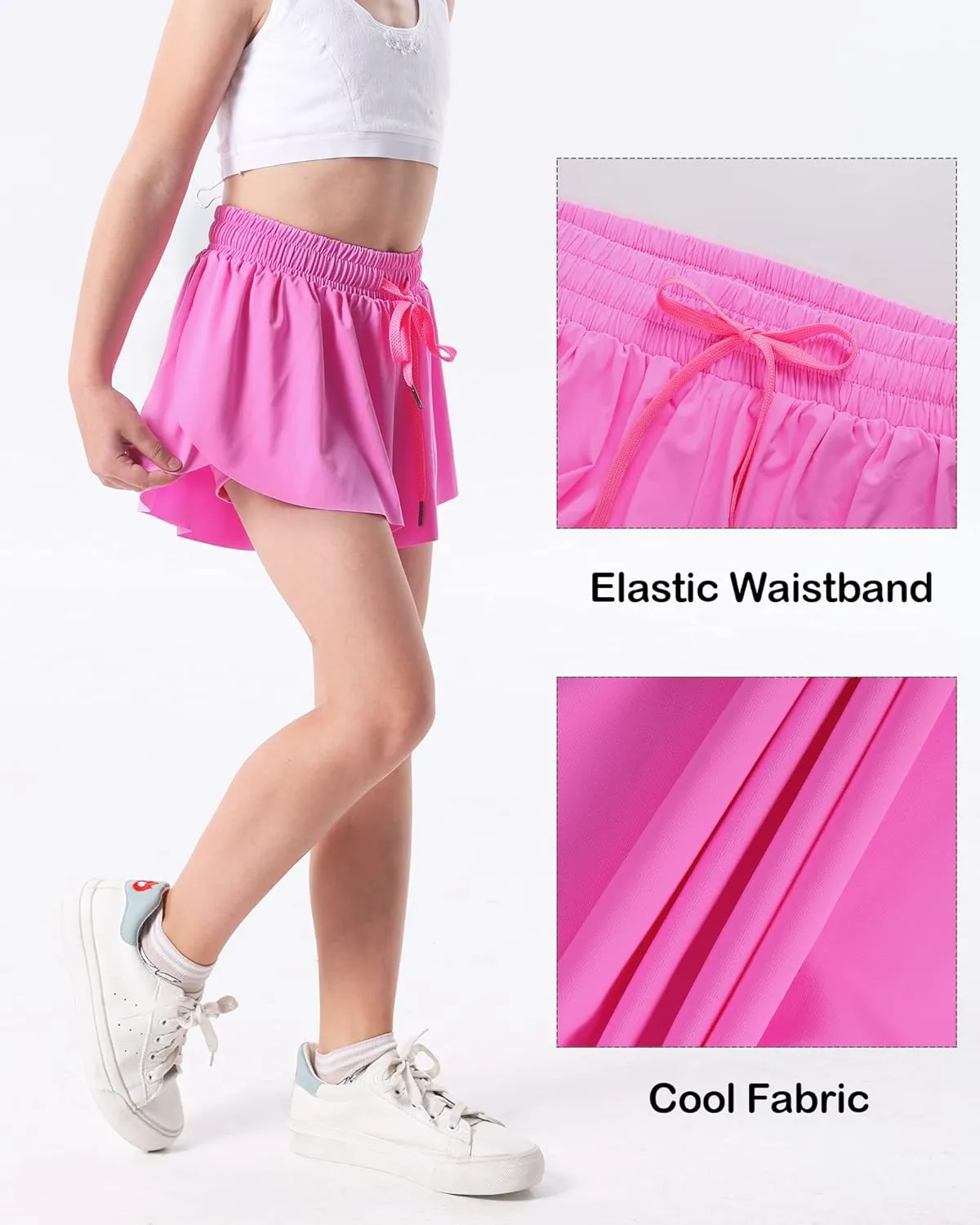KEREDA Girls Flowy Shorts,Butterfly Shorts for Teen Girls with Spandex Liner 2-in-1 for Running,Gym,Athletic,Workout1/2/3Pack