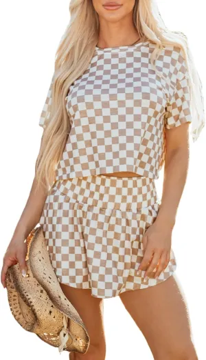 KevaMolly Womens Lounge Sets Checkerboard T Shirt and High Waist Skorts 2 Piece Outfit Casual Two Piece Sets