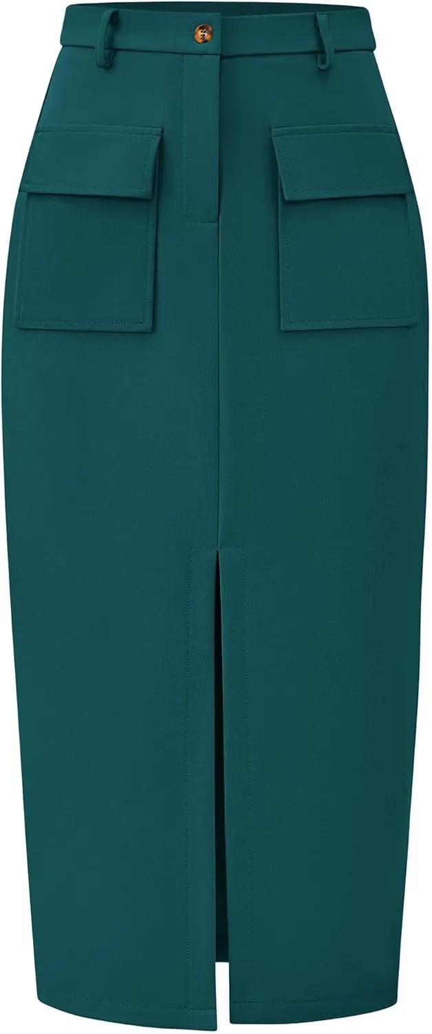 KIRUNDO Women High Waisted Cargo Midi Skirt Trendy Spring Summer Pencil Slit Dressy Casual Business Work Long Skirts