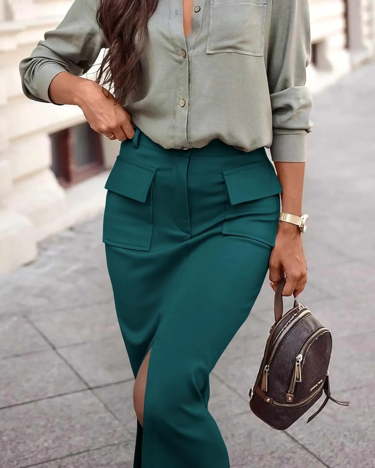 KIRUNDO Women High Waisted Cargo Midi Skirt Trendy Spring Summer Pencil Slit Dressy Casual Business Work Long Skirts