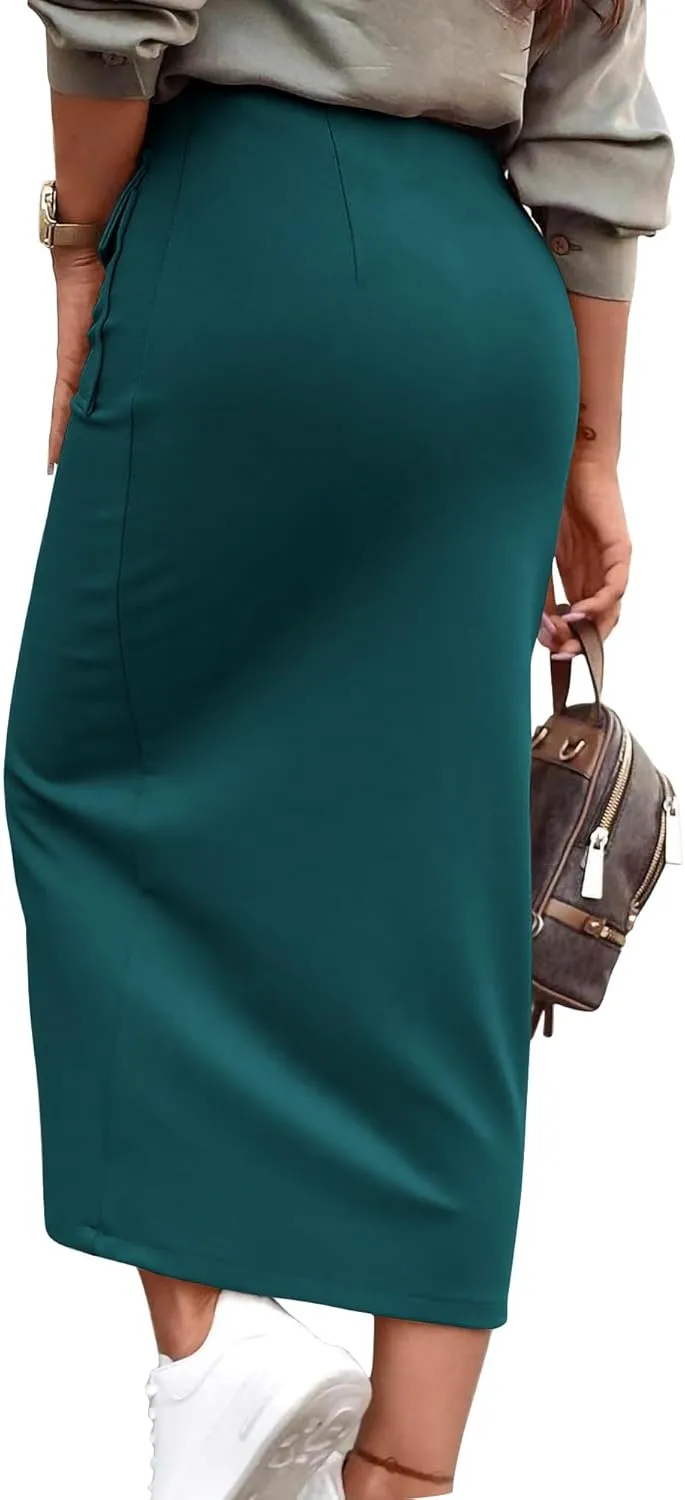 KIRUNDO Women High Waisted Cargo Midi Skirt Trendy Spring Summer Pencil Slit Dressy Casual Business Work Long Skirts