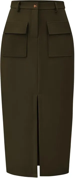 KIRUNDO Women High Waisted Cargo Midi Skirt Trendy Spring Summer Pencil Slit Dressy Casual Business Work Long Skirts