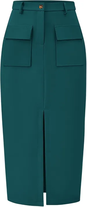 KIRUNDO Women High Waisted Cargo Midi Skirt Trendy Spring Summer Pencil Slit Dressy Casual Business Work Long Skirts