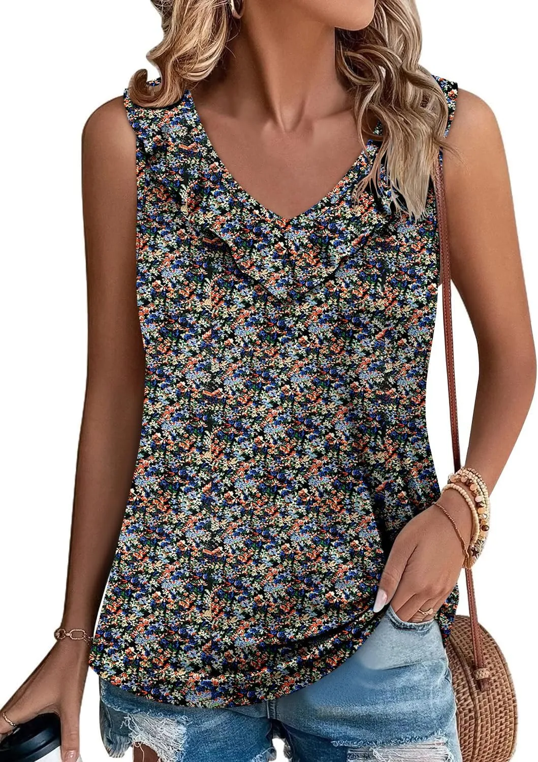 KISSMODA Womens Summer Tank Tops Casual Sleeveless Solid Printed Tunic Top Loose Fit V Neck Shirts