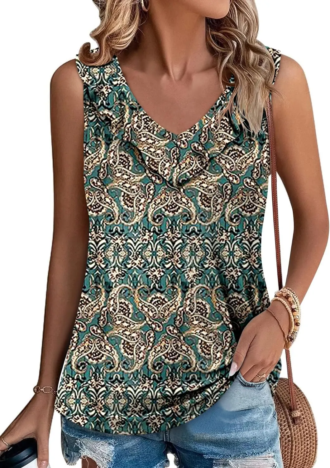 KISSMODA Womens Summer Tank Tops Casual Sleeveless Solid Printed Tunic Top Loose Fit V Neck Shirts