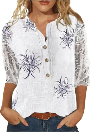 Lace 3/4 Length Sleeve Henley Shirts for Women Floral Print V Neck Button Down Trendy Summer Tops