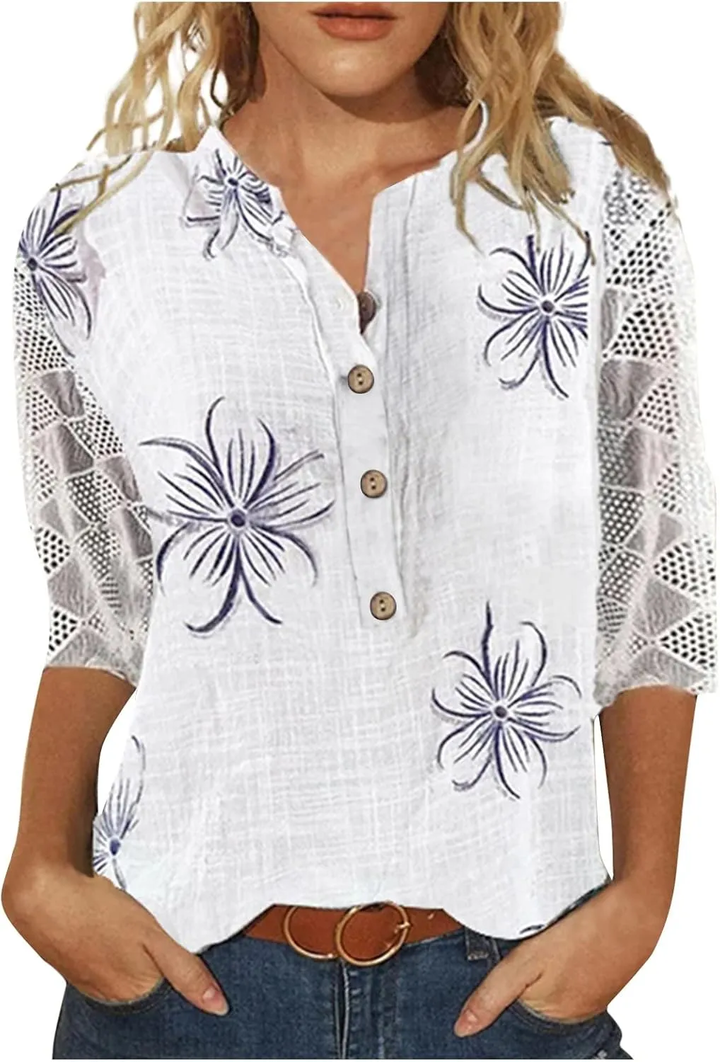 Lace 3/4 Length Sleeve Henley Shirts for Women Floral Print V Neck Button Down Trendy Summer Tops