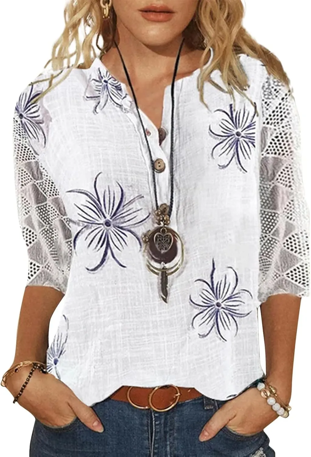 Lace 3/4 Length Sleeve Henley Shirts for Women Floral Print V Neck Button Down Trendy Summer Tops