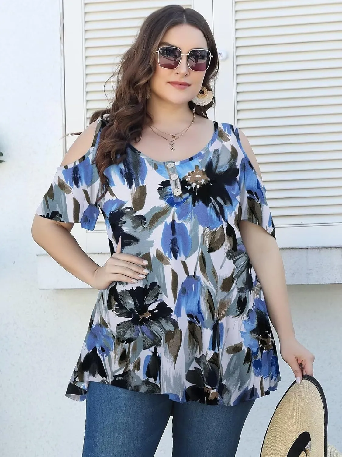 LARACE Cold Shoulder Tops for Women Plus Size V Neck T Shirts Short Sleeve Summer Clothes Button Up Tunic