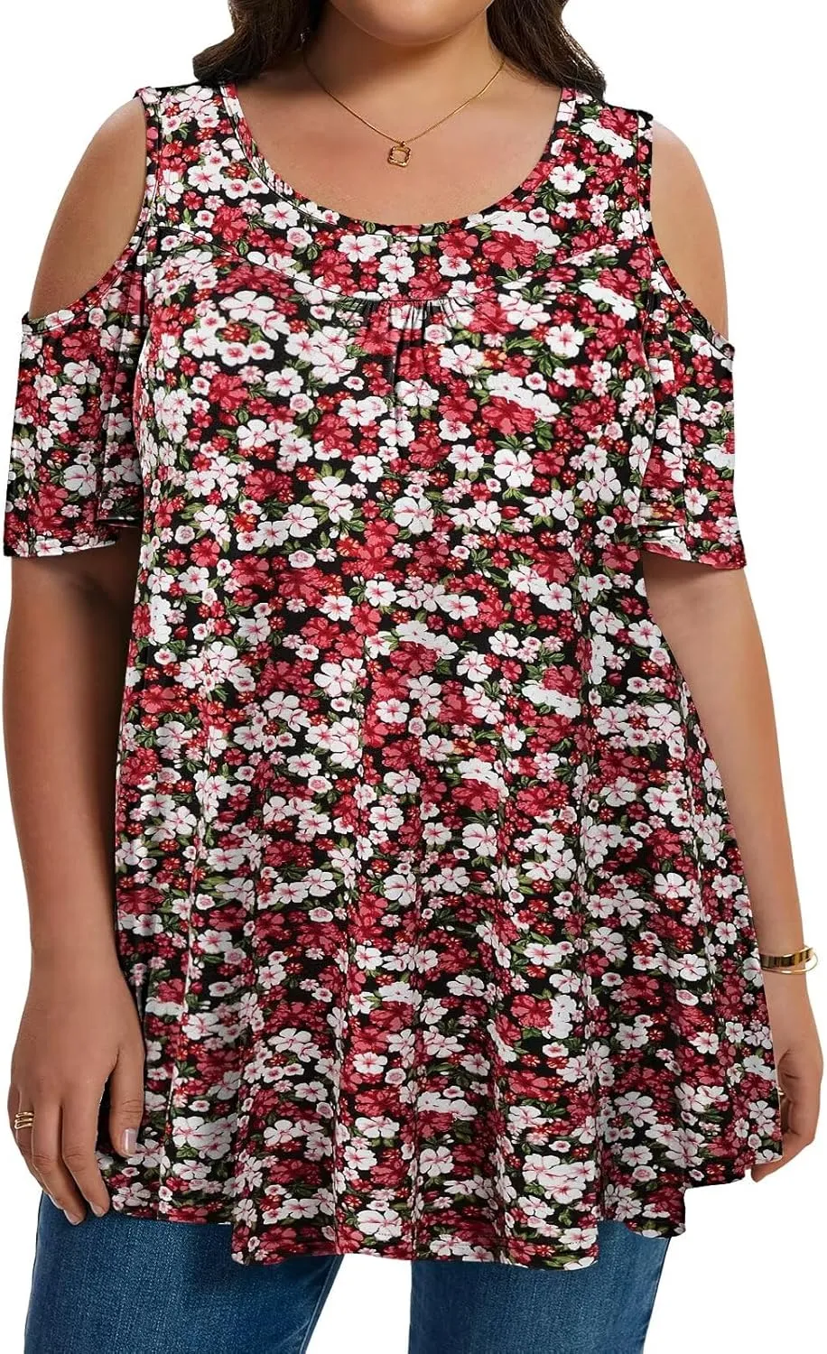 LARACE Plus Size Cold Shoulder Tops for Women Short Sleeve Tunics Shirts Loose Summer Clothes Blouses to Wear with Leggings