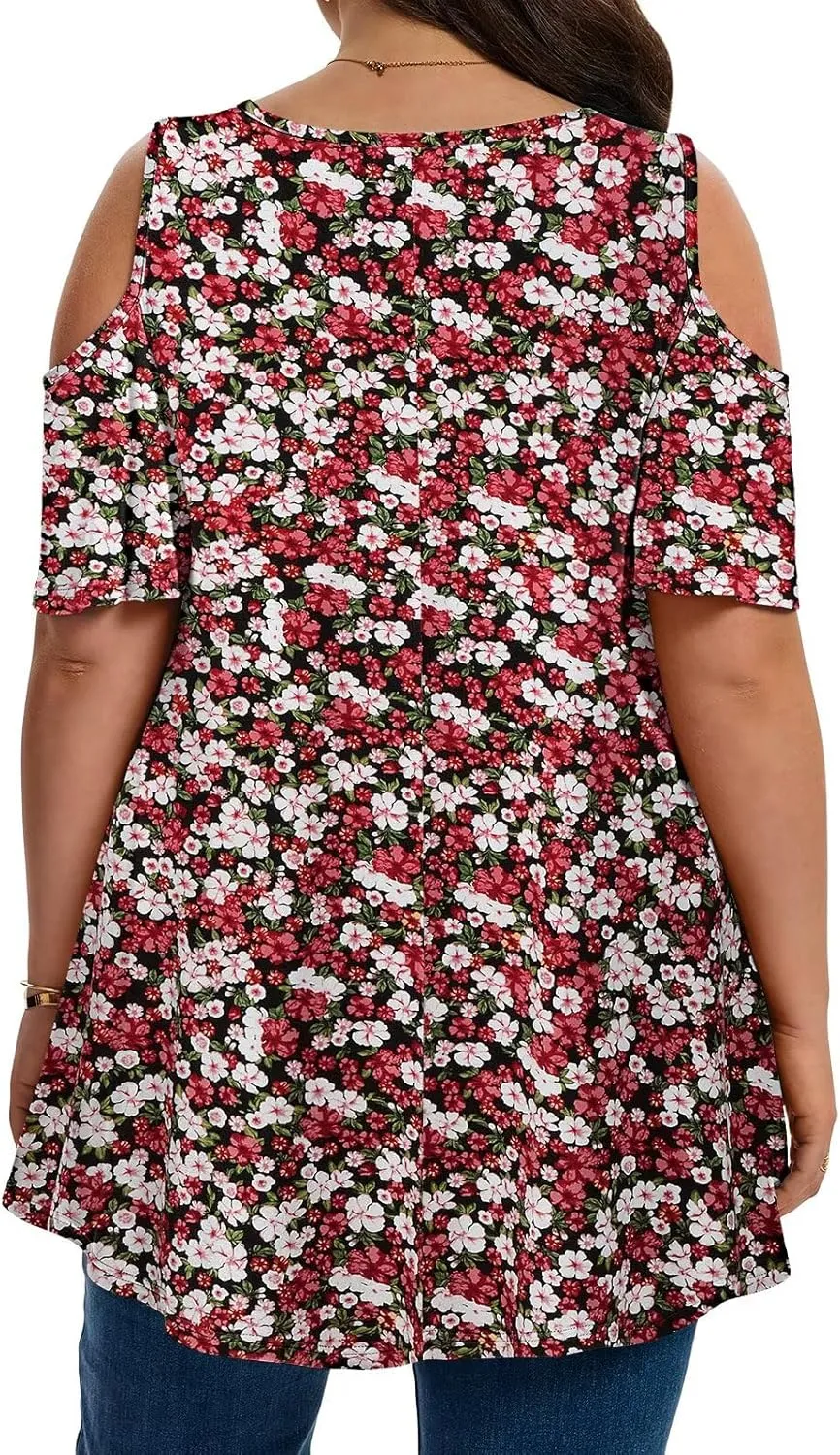 LARACE Plus Size Cold Shoulder Tops for Women Short Sleeve Tunics Shirts Loose Summer Clothes Blouses to Wear with Leggings