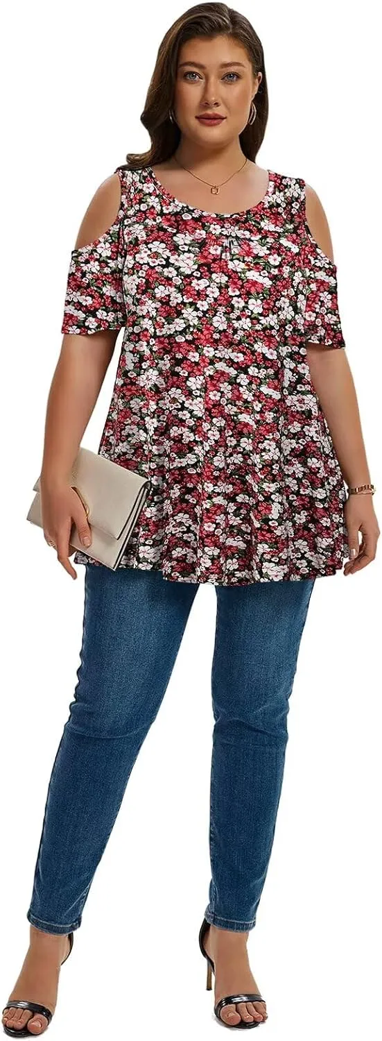 LARACE Plus Size Cold Shoulder Tops for Women Short Sleeve Tunics Shirts Loose Summer Clothes Blouses to Wear with Leggings