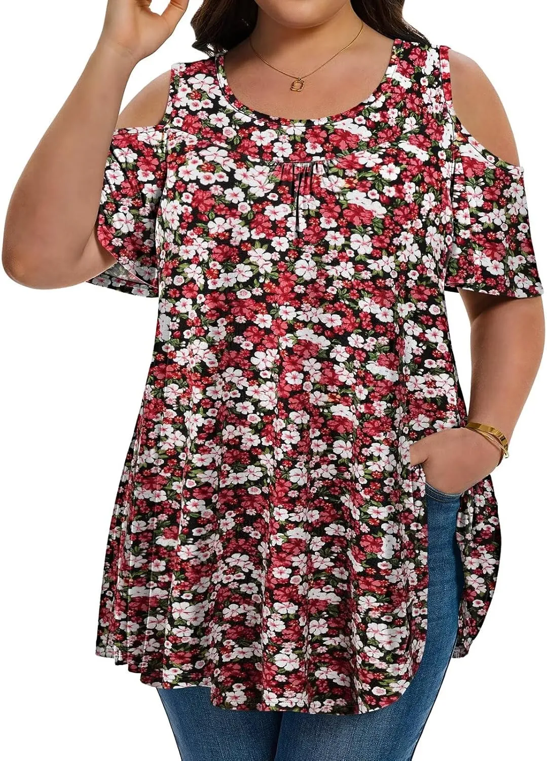 LARACE Plus Size Cold Shoulder Tops for Women Short Sleeve Tunics Shirts Loose Summer Clothes Blouses to Wear with Leggings