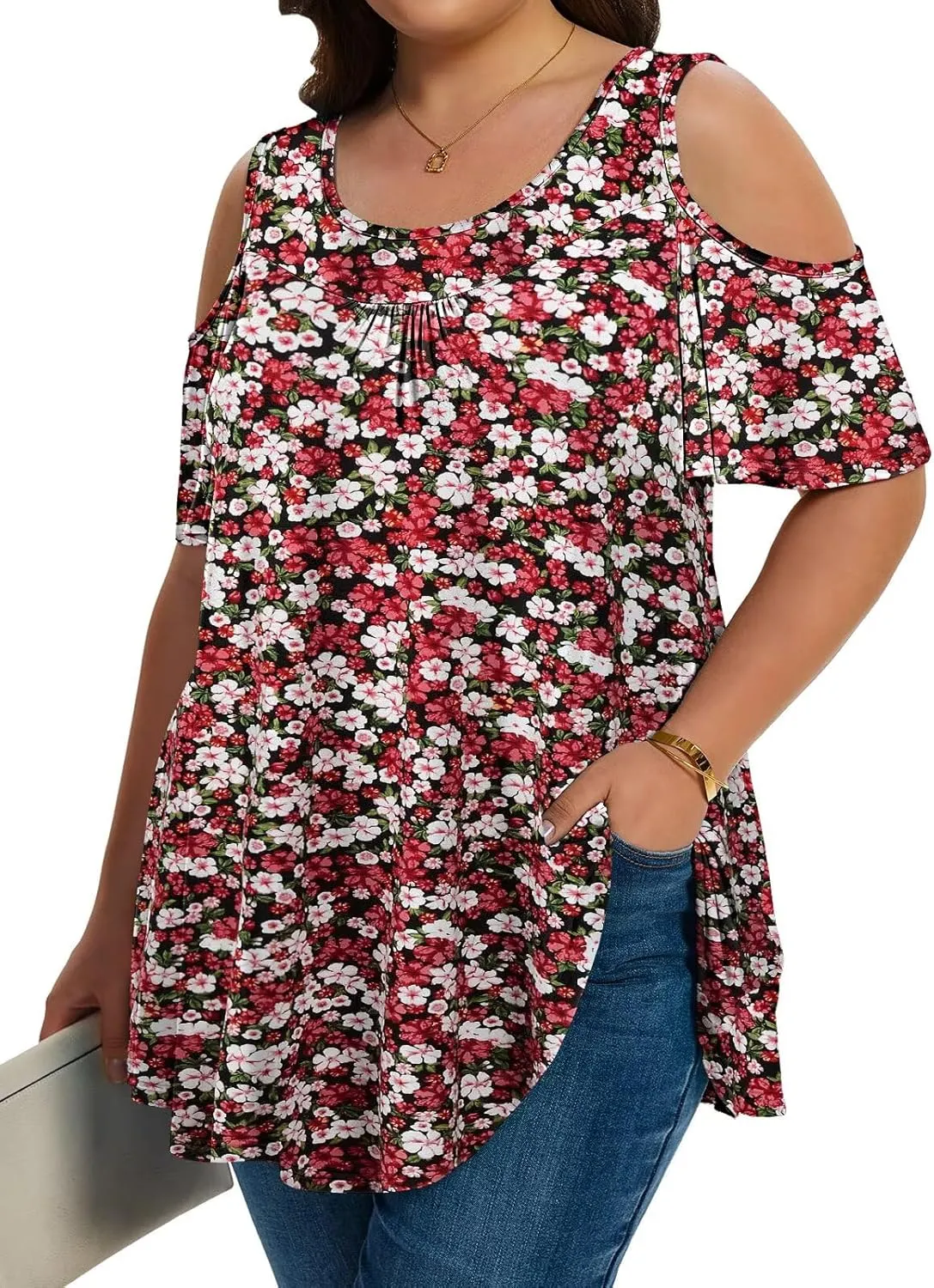 LARACE Plus Size Cold Shoulder Tops for Women Short Sleeve Tunics Shirts Loose Summer Clothes Blouses to Wear with Leggings