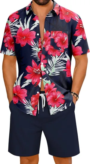LecGee Men's 2 Piece Hawaiian Short Set Floral Button Down Shirt and Beach Shorts Summer Vacation Outfits for Men