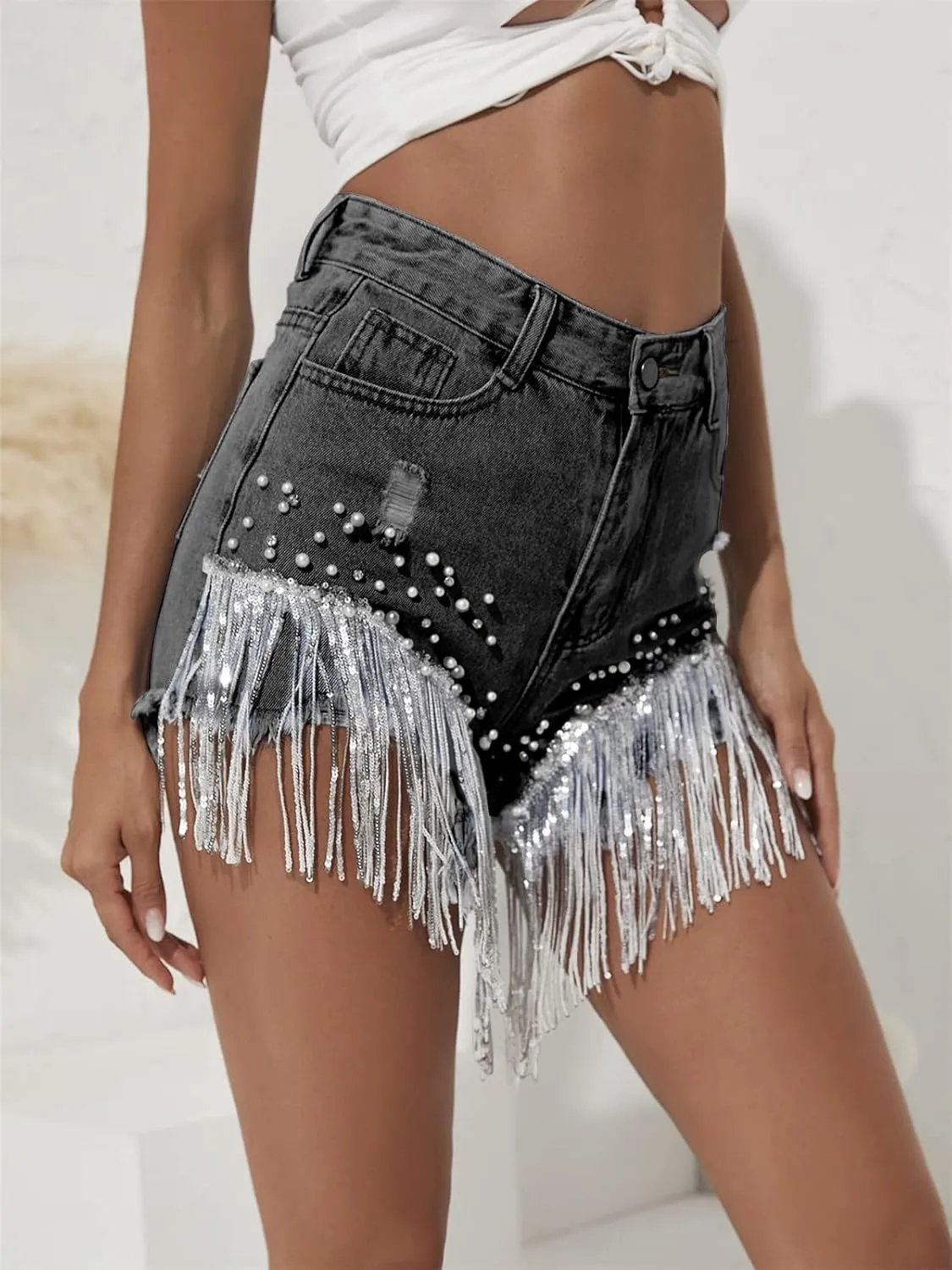 LifeShe Women Denim Short Rhinestone Pearl Beaded Fringe Tassel Jean Short