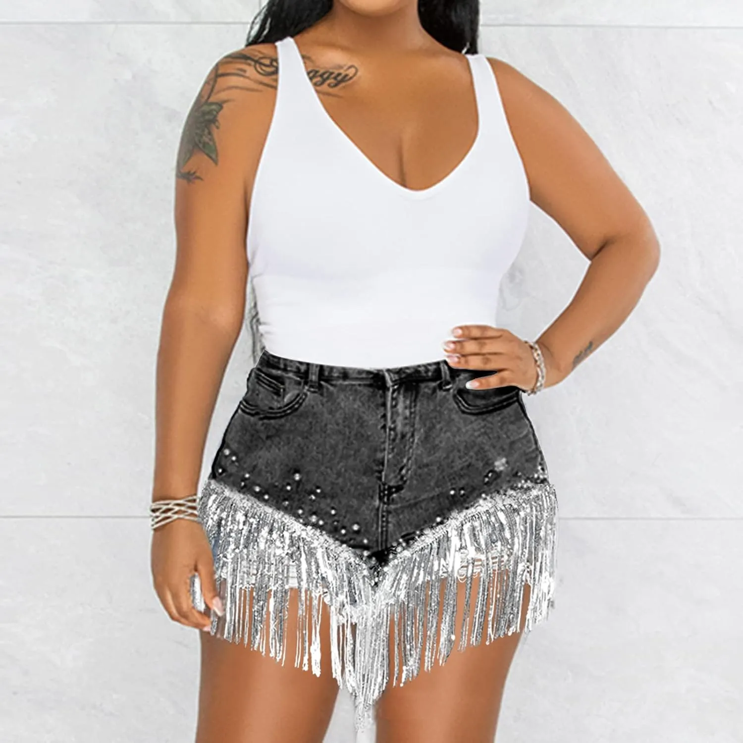 LifeShe Women Denim Short Rhinestone Pearl Beaded Fringe Tassel Jean Short