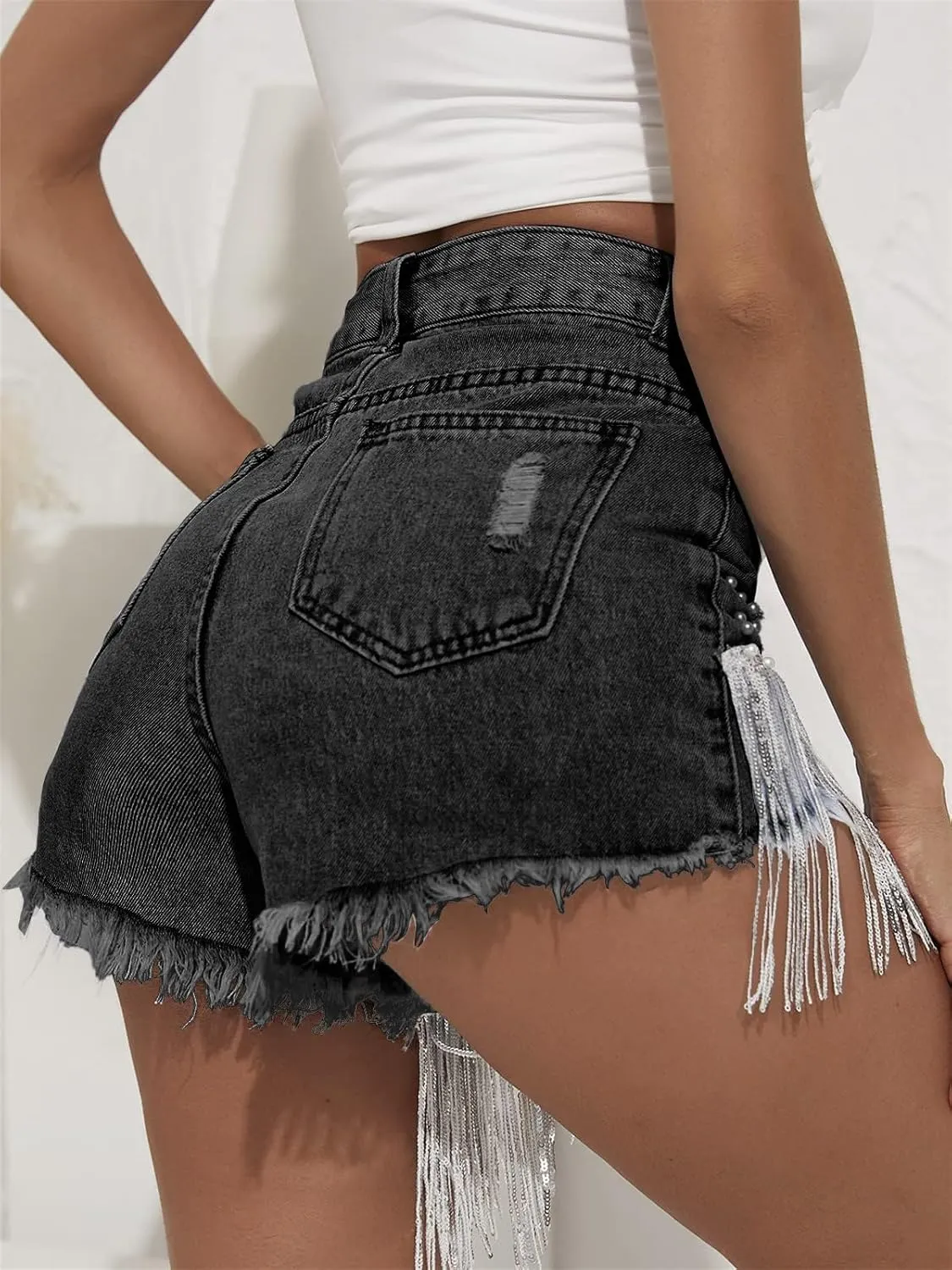 LifeShe Women Denim Short Rhinestone Pearl Beaded Fringe Tassel Jean Short