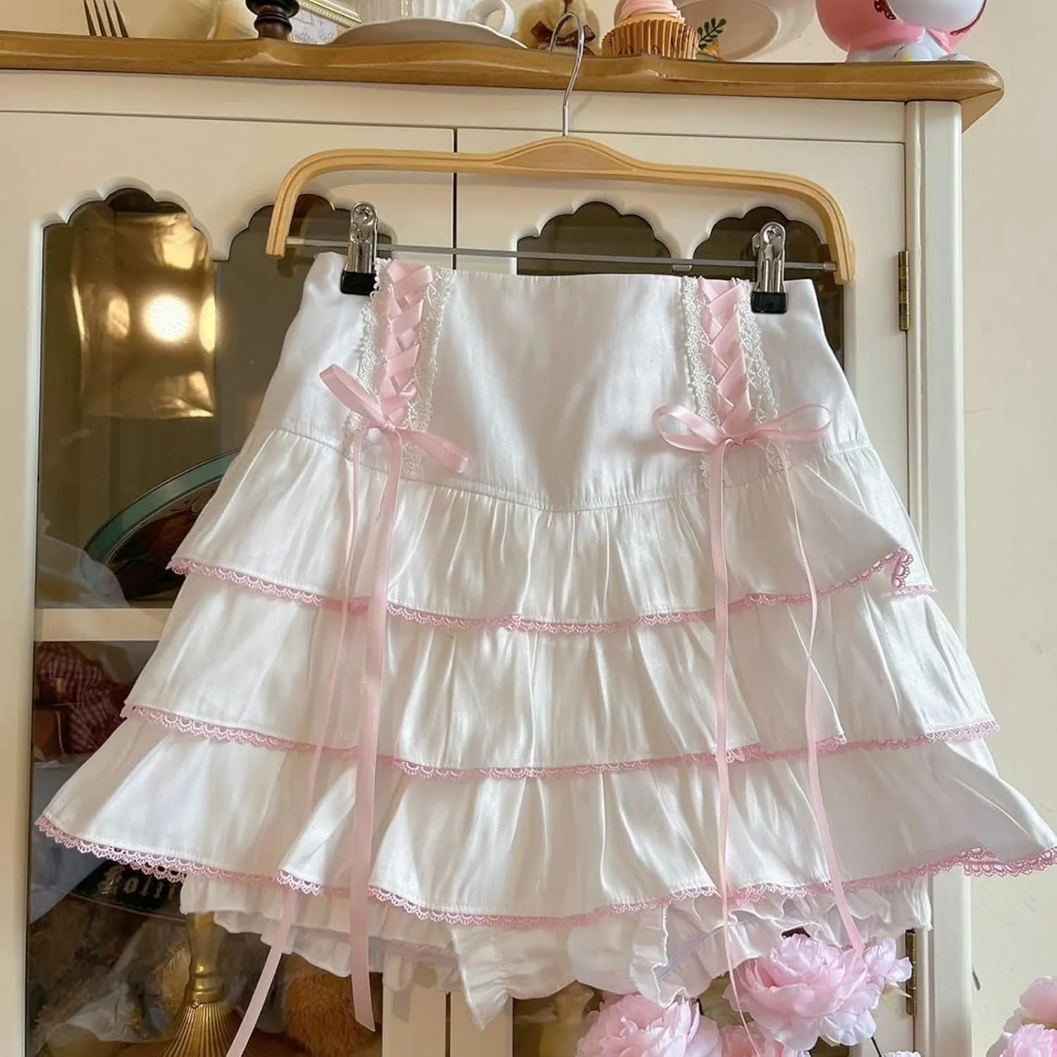 Lolita Tiered Mini Skirt Women Skorts Kawaii Layered Ruffle High Waist Lace Up A Line Cute Skirts for Teen Girls