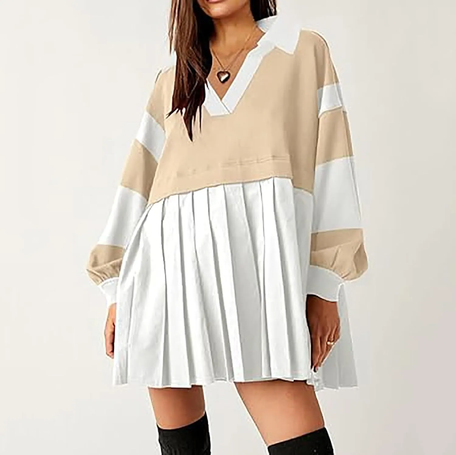 Long Sleeve Fall Dresses for Women 2024 Casual V Neck Striped Mini Dress Fashion Cute Ruffle T-Shirt Dress Preppy Top