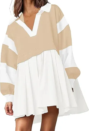 Long Sleeve Fall Dresses for Women 2024 Casual V Neck Striped Mini Dress Fashion Cute Ruffle T-Shirt Dress Preppy Top