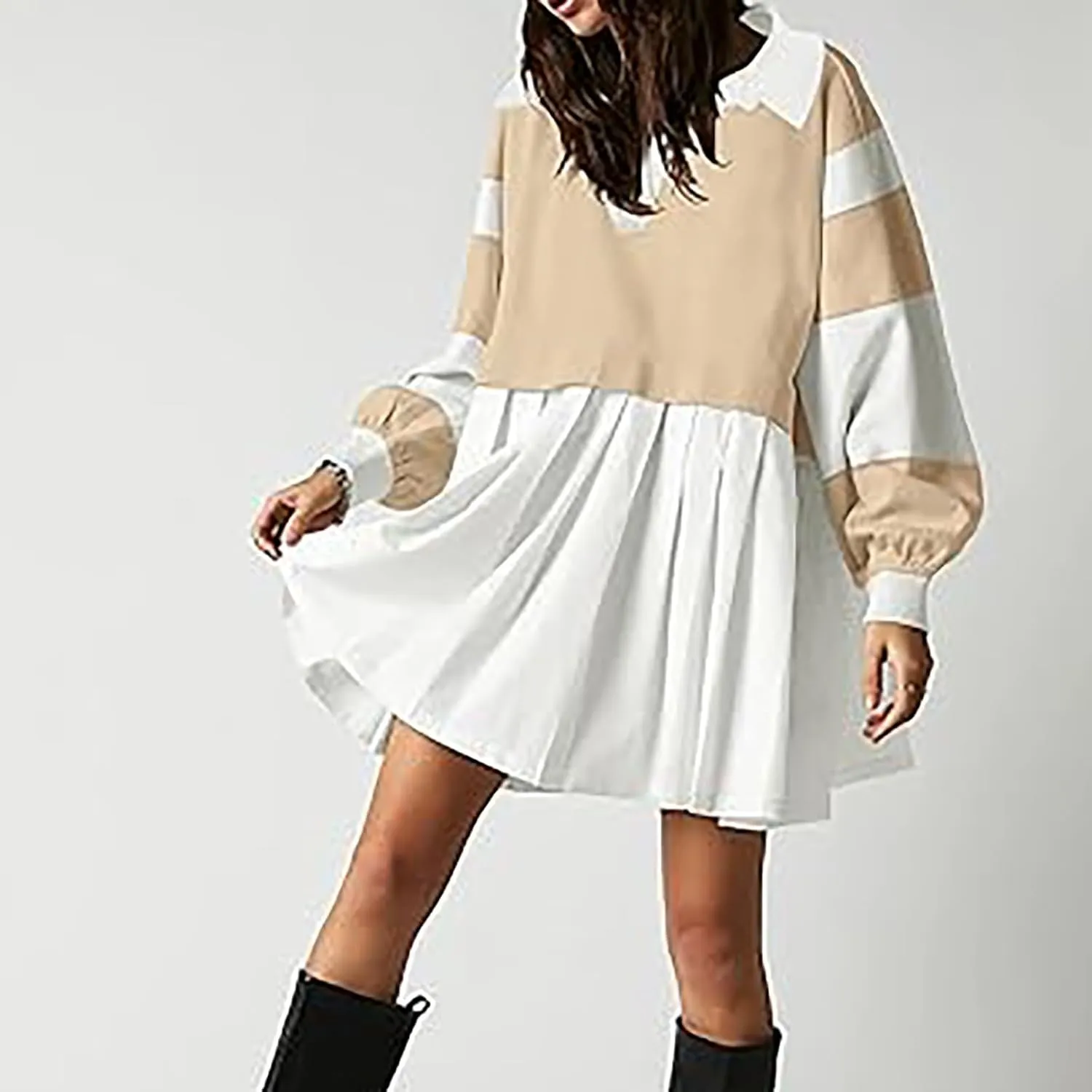 Long Sleeve Fall Dresses for Women 2024 Casual V Neck Striped Mini Dress Fashion Cute Ruffle T-Shirt Dress Preppy Top