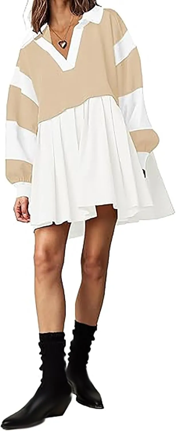 Long Sleeve Fall Dresses for Women 2024 Casual V Neck Striped Mini Dress Fashion Cute Ruffle T-Shirt Dress Preppy Top