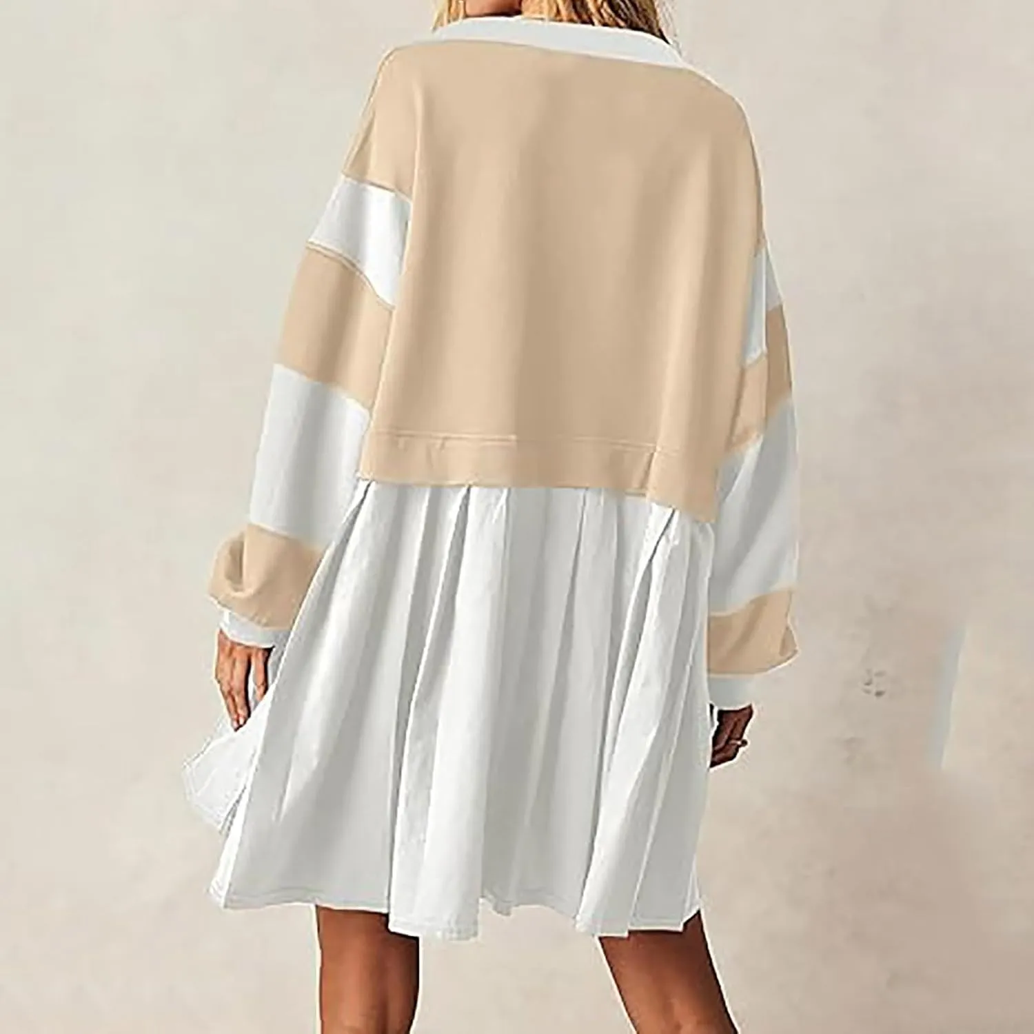 Long Sleeve Fall Dresses for Women 2024 Casual V Neck Striped Mini Dress Fashion Cute Ruffle T-Shirt Dress Preppy Top