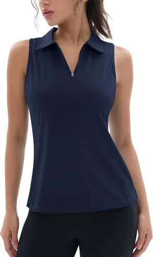 MAGCOMSEN Womens Golf Polo Shirts Sleeveless Racerback Zip Up UPF 50  Quick Dry Tennis Workout Athletic Tank Tops