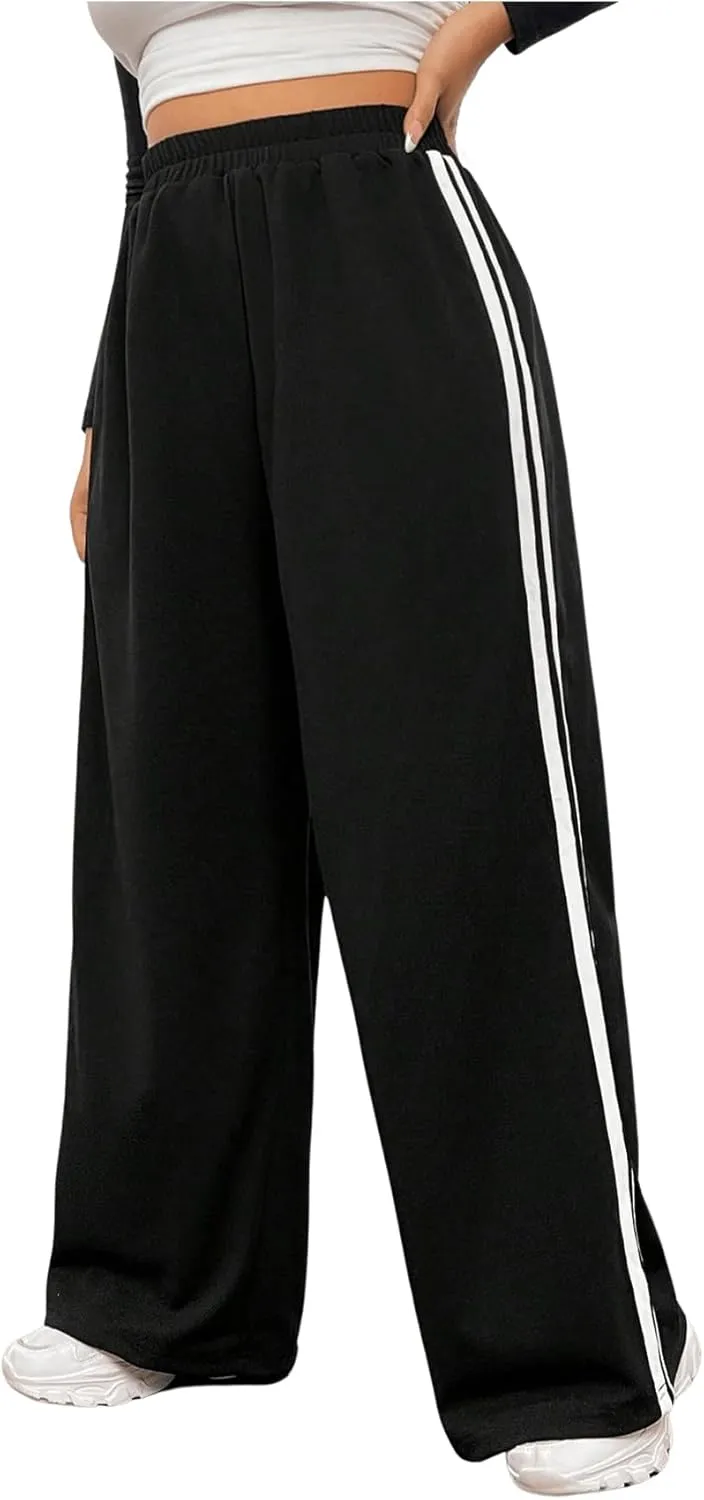 MakeMeChic Women's Plus Size Striped Elastic Waist Wide Leg Baggy Jogger Sweatpants Active Trousers