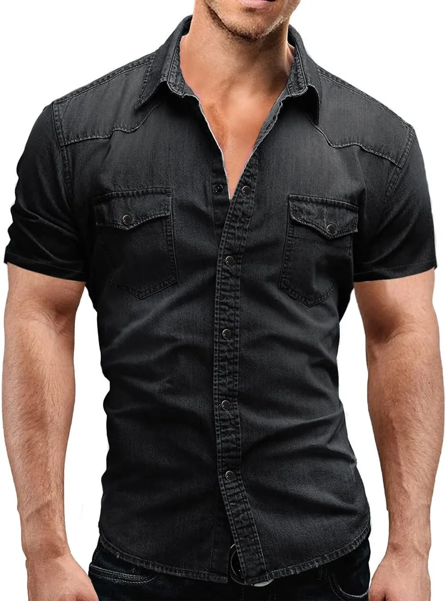 MARSVOVO Mens Short Sleeve Denim Shirt Beach Denim Button Down Tank Tops Basic Scoop Neck Solid Jean Vest with Pockets